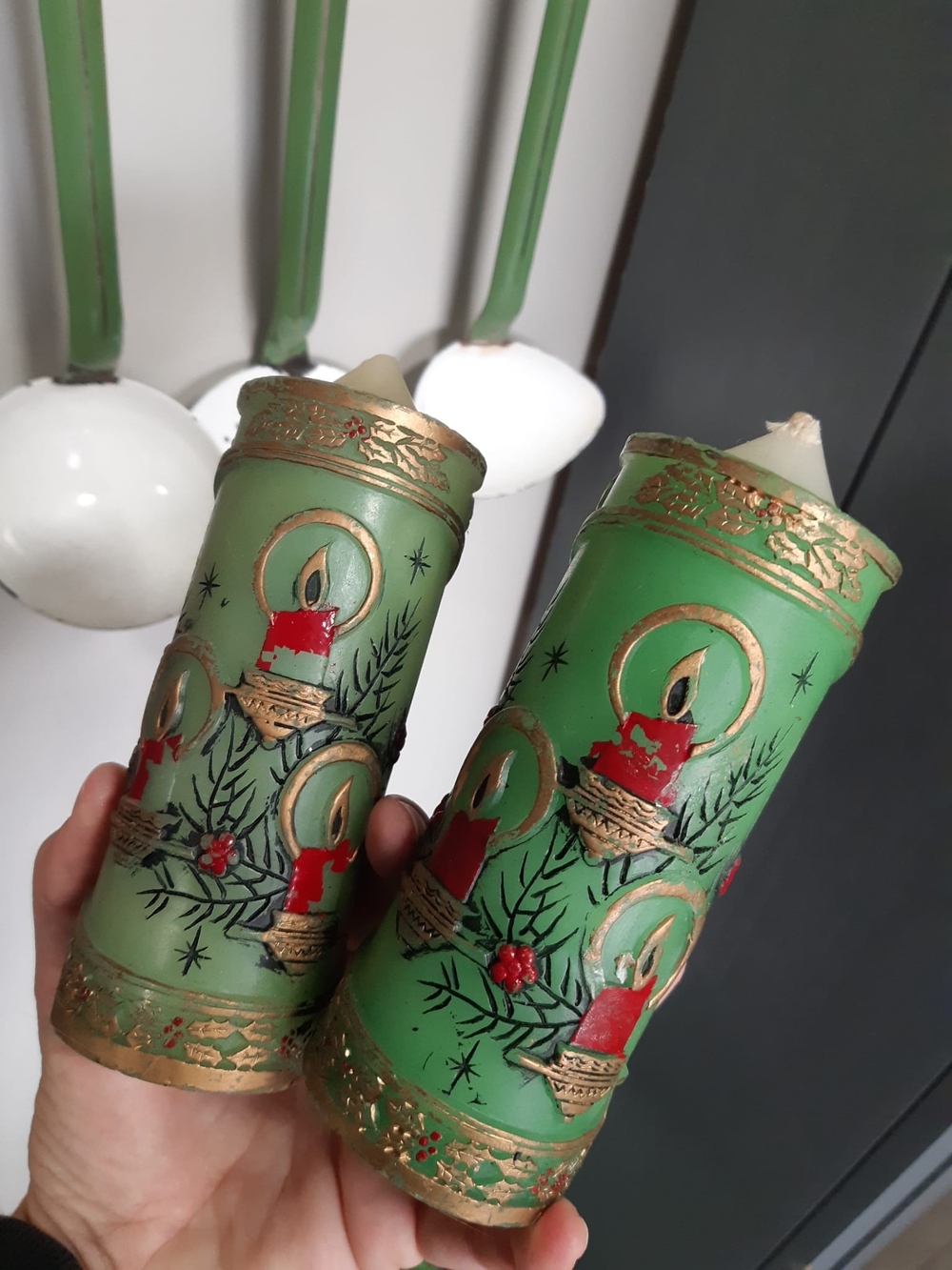 70s Candles Jasco Green Holiday Candle Pair Christmas Treasures
